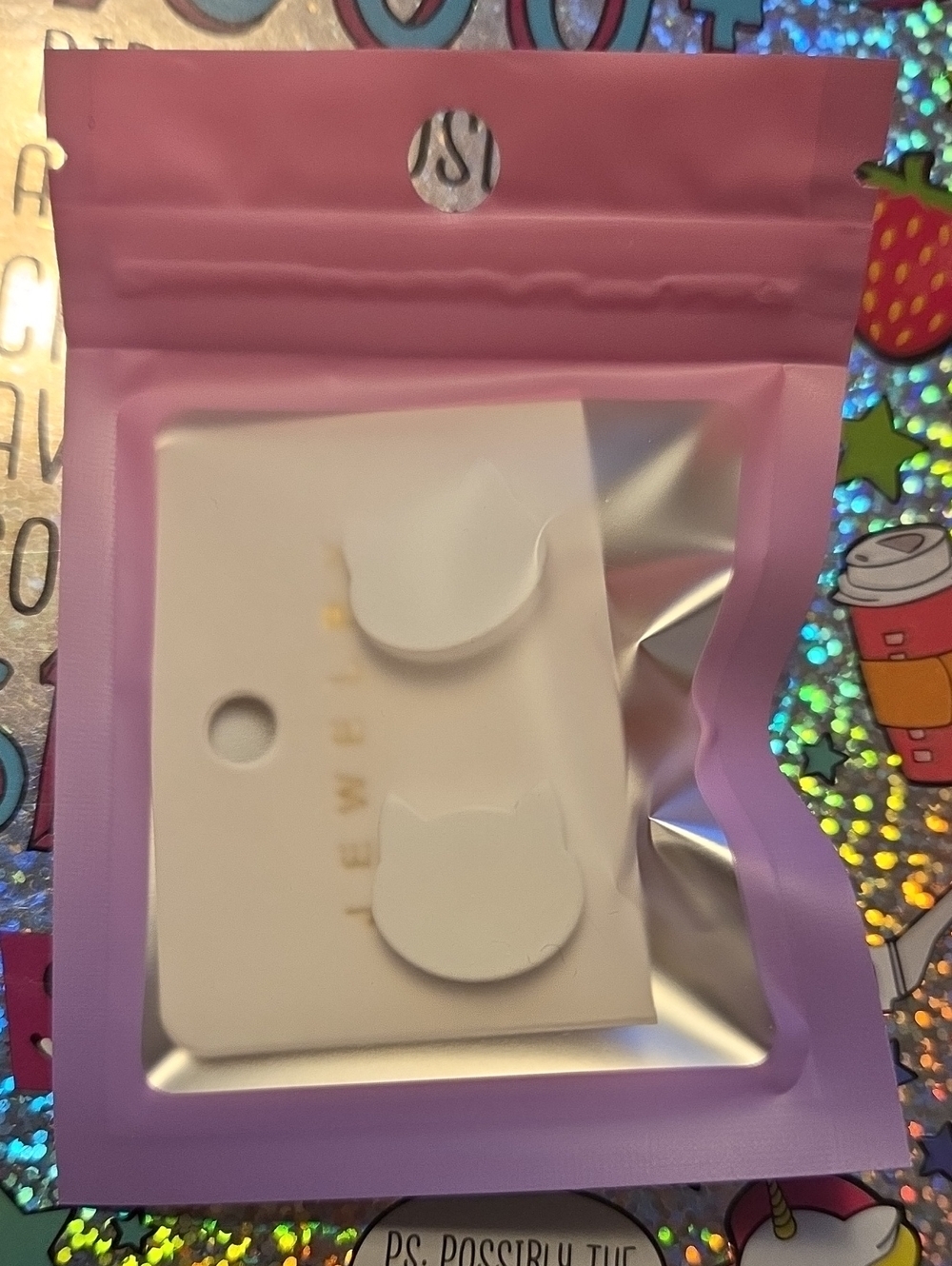Cat Stud Earrings on White Card - Pink Gradient Pouch